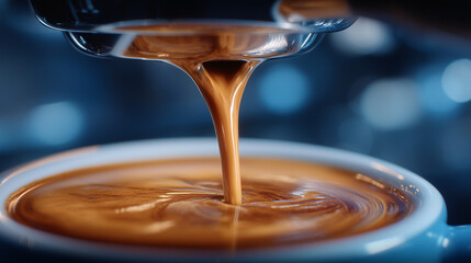 Slow-motion capture of espresso pouring into a cup from a dual-group coffee machine, rich crema forming.