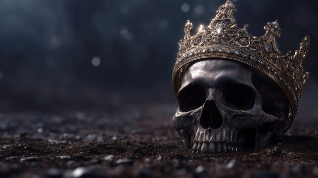 Haunting skull with aged crown resting in ashes on dark moody background.
