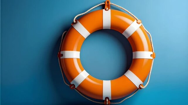 Orange and white life preserver ring with rope against blue background for water safety and emergency response.