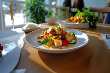 Vibrant Stir-Fried Tofu and Vegetables with Soy Sauce and Sesame Oil on White Plate
