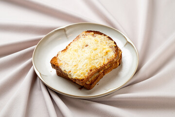 Golden-brown toast topped with bubbling, melted cheese rests on a delicate white plate