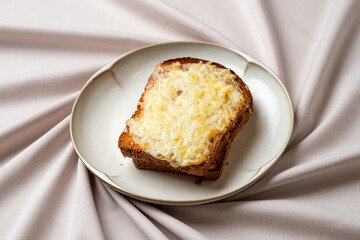 A beautifully toasted slice of bread topped with gooey, melted cheese lies on an elegant plate, showcasing a delightful culinary creation perfect for any meal or snack