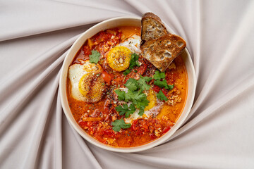 Tantalizing dish of poached eggs nestled in a spicy tomato sauce, garnished with herbs and served with rustic bread, creating a hearty breakfast experience