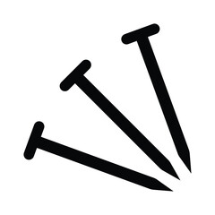 Metal nails vector icon. Construction hardware, carpentry tools, building material symbol. Black silhouette isolated on white background.