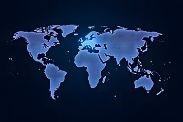 A digital rende of the world map is displayed in blue hues, emphasizing Europe with a brighter glow against a dark backdrop showcasing global connectivity.