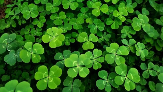 Ground level macro of many bright green Shamrock leaves, growing densely, forming a textured organic pattern with clover foliage.