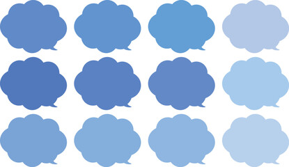 青い雲の形をしたモコモコの吹き出しセット。田１２色の青色のふきだし。使いやすいセット。
