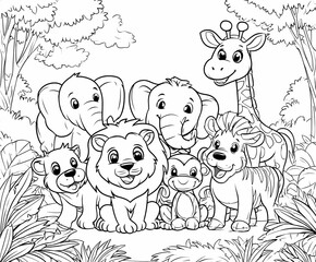 Obraz premium Cute Jungle Animals Coloring Pages for Kids – Safari Wildlife Theme