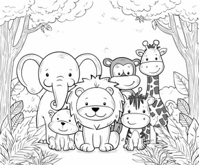 Obraz premium Cute Jungle Animals Coloring Pages for Kids – Safari Wildlife Theme