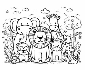 Naklejka premium Cute Jungle Animals Coloring Pages for Kids – Safari Wildlife Theme