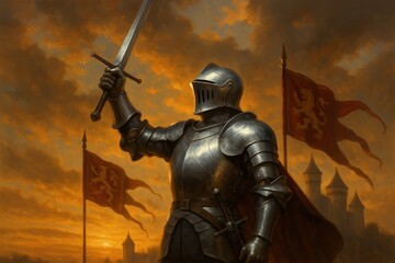 Medieval knight in polished armor raising ceremonial sword in heroic victory pose