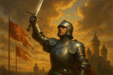 Fototapeta premium Medieval knight in polished armor raising ceremonial sword in heroic victory pose