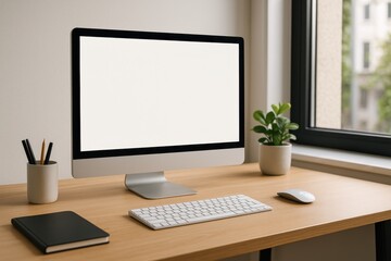 Fototapeta premium Modern minimalist home office featuring computer monitor mockup on wooden desk with window view