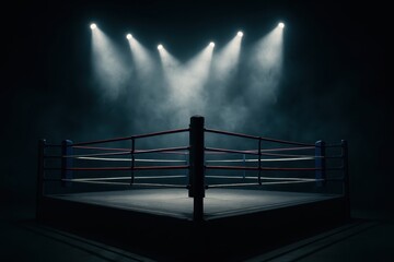 Professional boxing ring setup featuring empty arena with dramatic spotlight creating fight night atmosphere