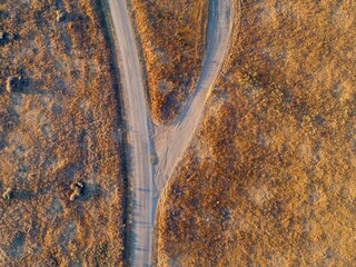 Aerial view of a rural road splitting into a fork, surrounded by dry grassland in Carrizo Plain...