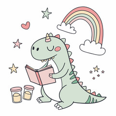 Charming SVG of a Gentle Trex dinosaur featuring reading a book, styled in a Rainbow theme with Pastel Rainbow hues