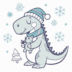 Frosty Winter colored Trex dinosaur with a Relaxed touch, placed in a Cozy winter theme and styled with with a stuffed animal
