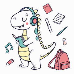 Cute Cheerful Trex dinosaur, accessorized with wearing headphones, in a Back to school world – Chalkboard Fun palette vector