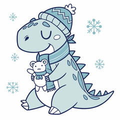 Frosty Winter colored Trex dinosaur with a Relaxed touch, placed in a Cozy winter theme and styled with with a stuffed animal