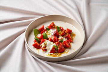 A delightful plate showcases juicy watermelon cubes intermingling with rich yogurt, topped with crushed nuts and fresh herbs. Ideal for warm sunny days or light refreshments