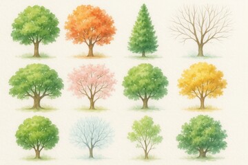 Fototapeta premium Watercolor tree collection featuring diverse botanical specimens on white background for design resources