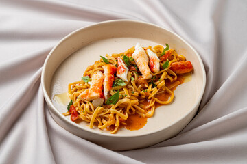 A delightful seafood pasta dish featuring tender noodles topped with succulent lobster pieces, fresh herbs, and a rich sauce, creating a gourmet dining delight