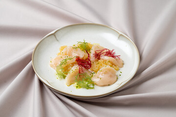 A stunning culinary masterpiece showcases tender seafood delicately arranged on a minimalist plate. Vibrant greens and rich textures create a feast for the eyes, inviting exploration and enjoyment