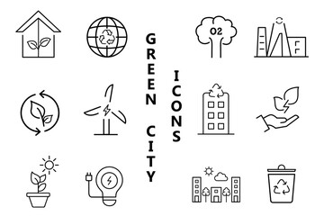 Green city line stroke icons set. Environmental, green energy, zero waste, use bike, bio filter, sustainable development, autonomous building, air water quality. Editable vector illustration