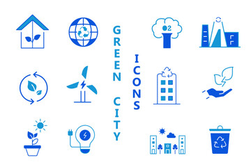 Green city solid flat icons set. Environmental, green energy, zero waste, use bike, bio filter, sustainable development, autonomous building, air water quality. Editable vector illustration