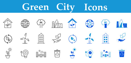 Green city best flat and line icons set. Environmental, green energy, zero waste, use bike, bio filter, sustainable development, autonomous building, air water quality. Editable vector illustration