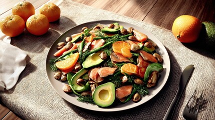 Colorful salmon salad with avocado, mandarin segments, green beans, and mushrooms on a plate, beside oranges and tangerines on a light-brown wooden table