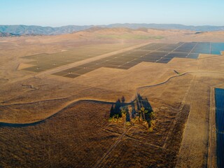Aerial view of a solar farm in Santa Margarita, California, USA, generating renewable energy. The...