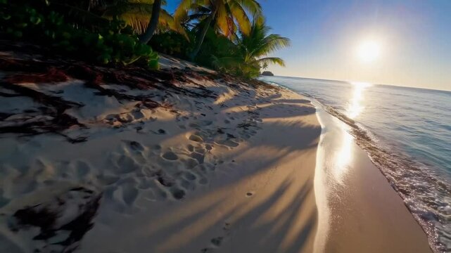 Golden hour tropical beach with soft sand, palm trees, ocean waves, and warm sunlight reflections, perfect for summer travel, coastal lifestyle, and relaxation themes