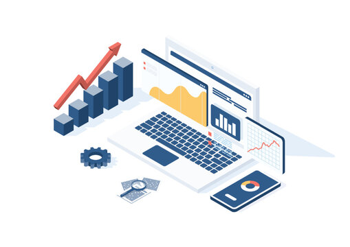 Isometric laptop displaying graphs, charts, and dashboards surrounded by data tools, representing financial growth, analysis, and digital reporting.