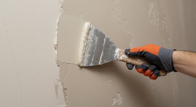 Hand applying plaster on wall with putty knife indoors  