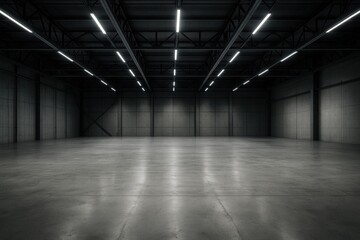 Industrial warehouse concrete floor empty space with dramatic overhead lighting for automotive showroom