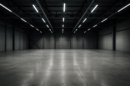 Industrial warehouse concrete floor empty space with dramatic overhead lighting for automotive showroom