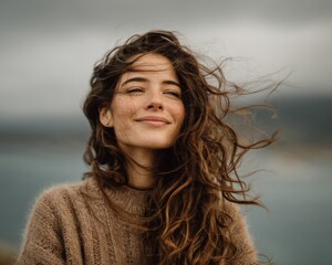 Smiling Woman with Windblown Brown Hair and Freckles