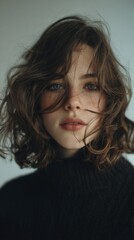 Portrait of a Young Woman with Brown Curly Hair and Freckles