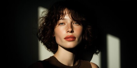 Portrait of a Young Woman with Curly Brown Hair and Freckles in Dramatic Light