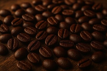 Obraz premium Premium arabica coffee beans scattered arrangement rustic wooden surface artisanal cafe background