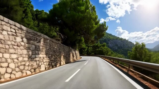 Winding road through mountains with a stone wall and lush green trees under a partly cloudy sky - Powered by Adobe