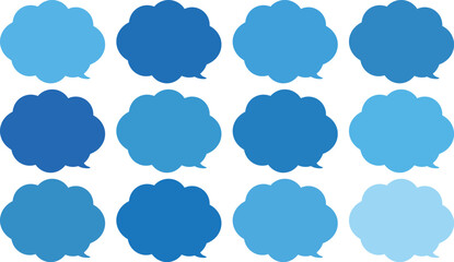 青い雲の形をしたモコモコの吹き出しセット。田１２色の青色のふきだし。使いやすいセット。