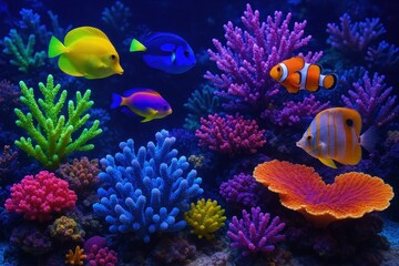 Obraz premium Vibrant tropical marine ecosystem showcasing colorful coral reef biodiversity in underwater aquarium display