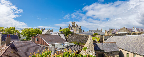Lerwick, a coastal city in Shetland Scotland British Islands in England with scenic medieval houses.