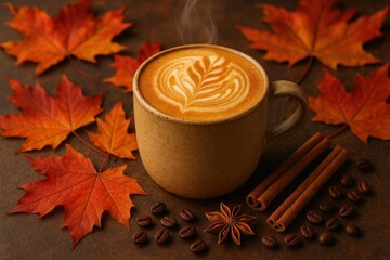 Autumn-spiced pumpkin latte with cinnamon foam art served in ceramic mug surrounded by seasonal maple leaves
