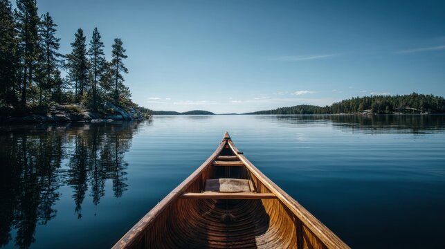 Empty canoe on still water reflecting trees and blue sky, serene atmosphere