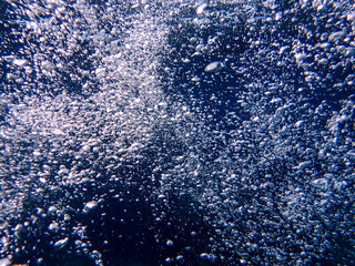 Air bubbles underwater rising to water surface, natural scene, bubbles under water, bubble...