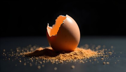 A cracked egg sitting on top of a pile of sand on a dark surface