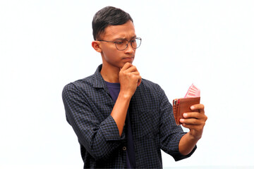 An Asian man holding a wallet full of money with a thinking expression